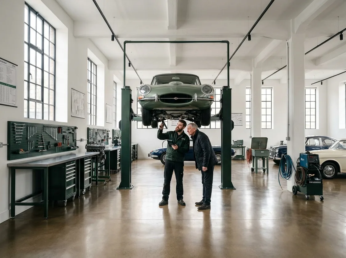 Zwei Männer unter einem Wagen auf der Hebebühne, einer hält eine kleine Untersuchungskamera