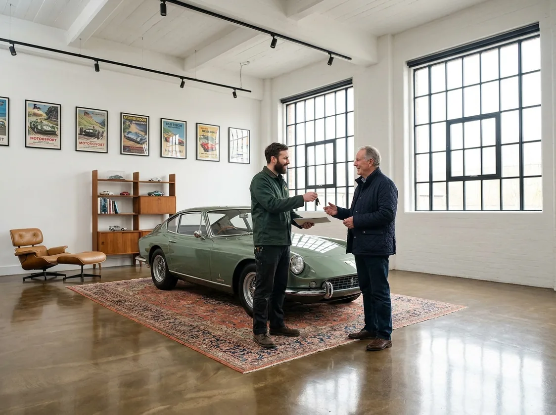 Schlüsselübergabe neben dem fertigen Wagen im Showroom