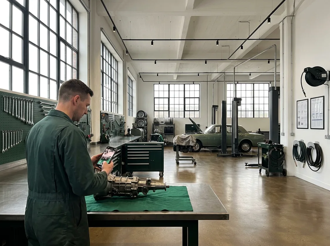 Mechaniker fotografiert ein zerlegtes Getriebe auf der Werkbank