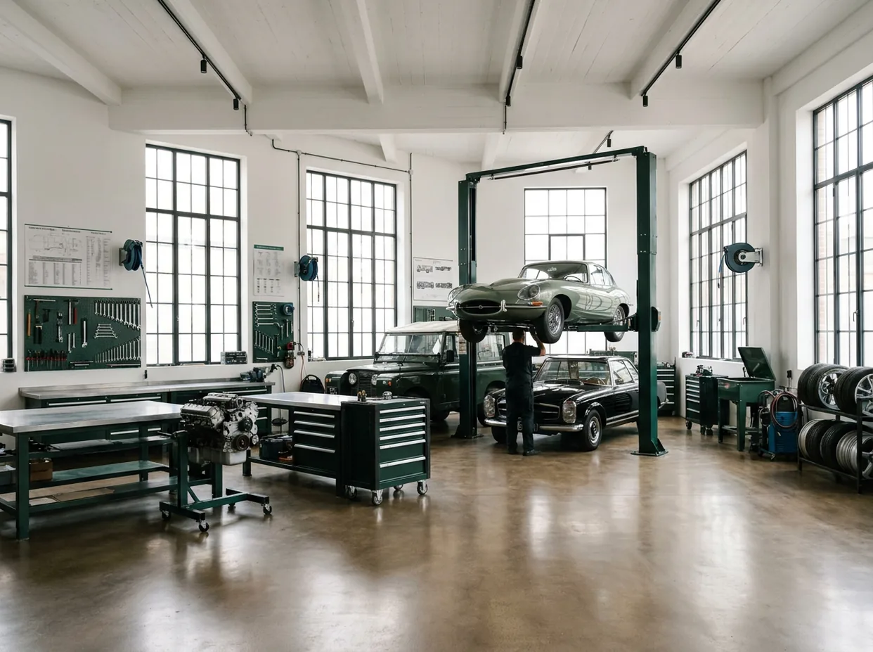 Werkstatthalle mit einem Jaguar E-Type auf der Hebebühne, davor ein Land Rover und ein Mercedes-Benz