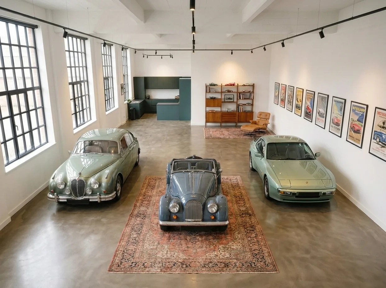 Zwei Klassiker im Showroom, Tageslicht durch hohe Fenster