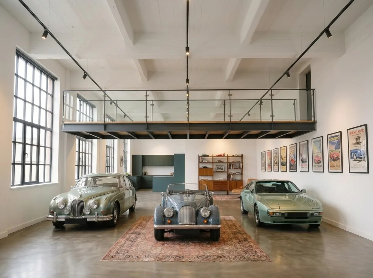 Showroom mit Galerie über den Fahrzeugen, Plakate an der Stirnwand