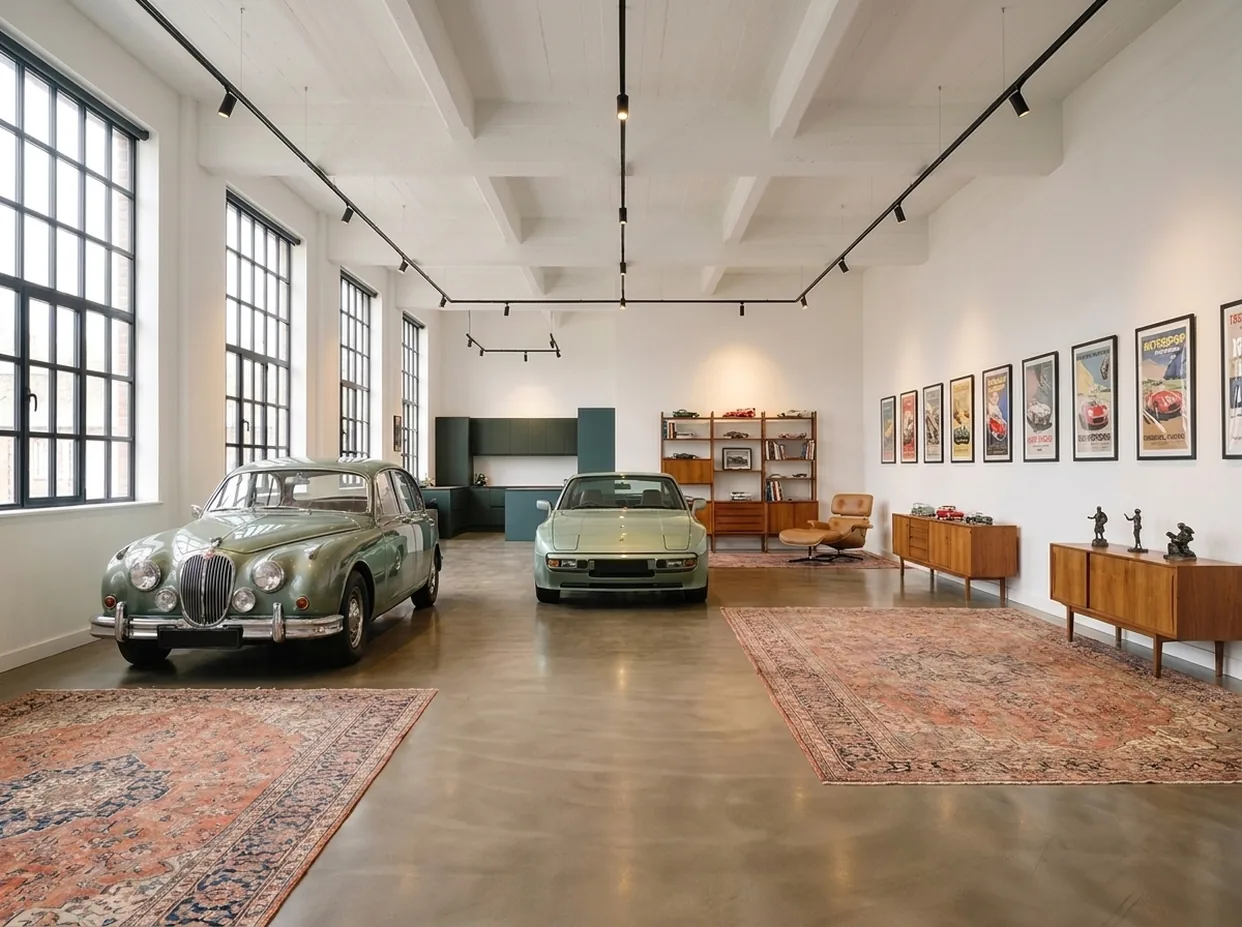 Showroom mit drei Klassikern auf Teppichen, gerahmte Plakate an der Wand